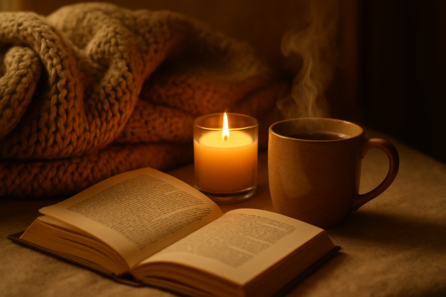 A cozy setup with a blanket, candle, mug, and book